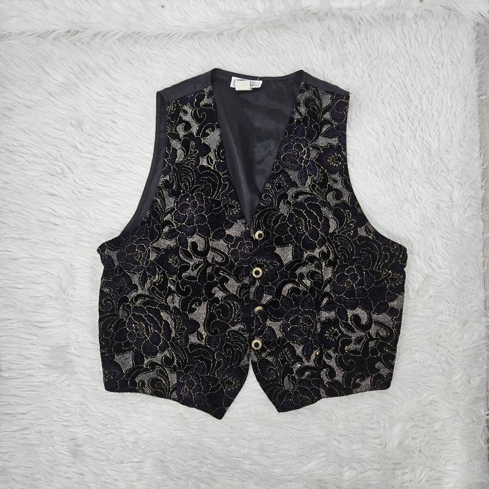 Impressions Black & Gold Floral Brocade Vest
